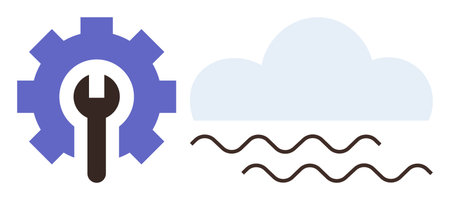 Gear with wrench symbolizing repair, cloud with waves representing cloud computing and data processing. Ideal for technology, cloud solutions, repair services, IT, data management, innovation, simpleのイラスト素材