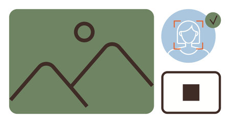 Abstract landscape with sun, face recognition interface, and a stop icon. Ideal for content...