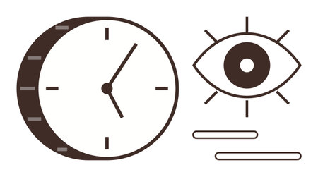Clock and eye with lines symbolize time tracking, focus, productivity, and efficiency. Ideal for organization, mindfulness, work-life balance, deadlines scheduling and attention. Simple flatのイラスト素材