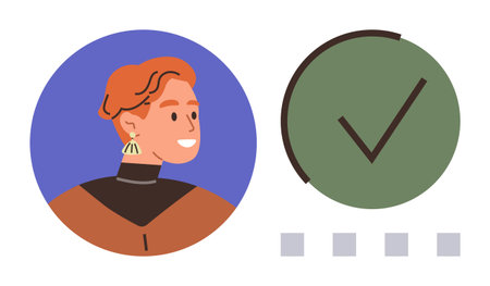 Side portrait of a person inside a circle next to a green checkmark and four small squares. Ideal for personal identification, verification, success, achievement, task management, approvalのイラスト素材