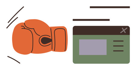 Boxing glove hitting green-and-gray web browser window with motion lines suggesting impact. Ideal for cybersecurity, digital attack, hacking, resilience, online safety, conflict, simple flat metaphorのイラスト素材