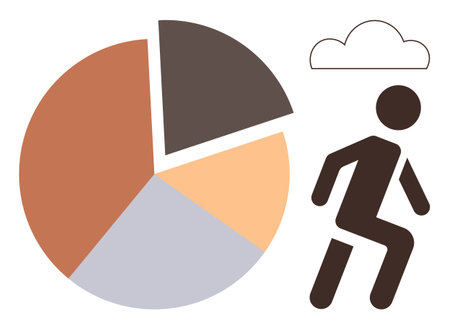Human figure walking, pie chart with four segments, cloud overhead. Ideal for progress, data analysis, planning, growth, business weather impact simplicity. Minimalist flat metaphorのイラスト素材
