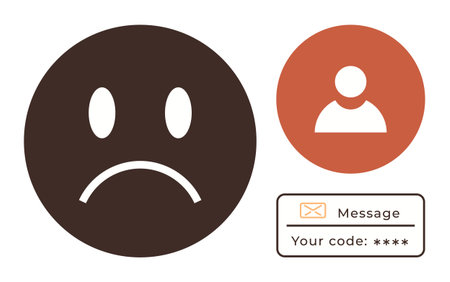 Sad face emotion with frown, user avatar in a circle, and security message box displaying a code. Ideal for communication, identity, access, emotion, security privacy UX design. Simple flatのイラスト素材