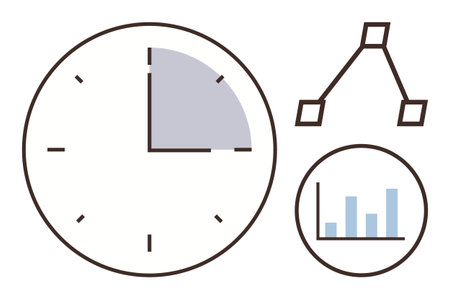 Clock displaying quarter time, bar chart with rising data, and flow diagram. Ideal for planning, productivity, management, analytics, strategy organization efficiency. Minimalist abstract flatのイラスト素材