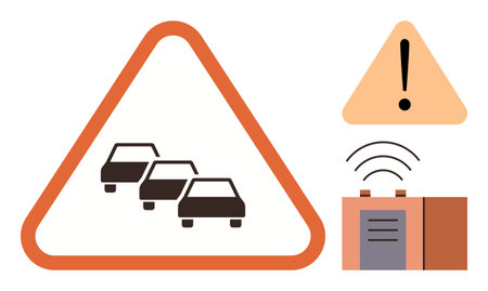 Orange triangular sign with cars indicating traffic, exclamation mark warning, and transmitter with waves. Ideal for traffic management, road safety, technology, congestion awareness, navigationのイラスト素材