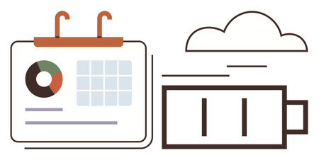 Calendar with data chart, empty battery, and cloud indicating resource management, time tracking, productivity, work-life balance. Ideal for planning, sustainability, workflow schedule energyのイラスト素材