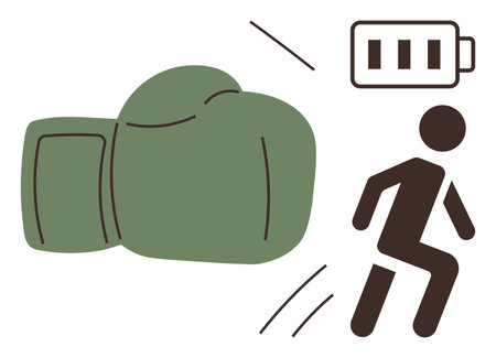 Boxing glove striking figure symbol triggers dynamic energy theme, paired with a charging battery icon. Ideal for motivation, power, energy, recharging, activity, resilience fitness. Simple flatのイラスト素材