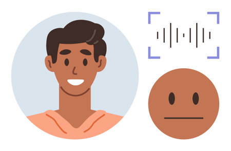 Smiling young man in profile, neutral emotion face, and soundwave graphic. Ideal for AI technology, emotion detection, communication, personality analysis, tech innovation, user experience simpleのイラスト素材
