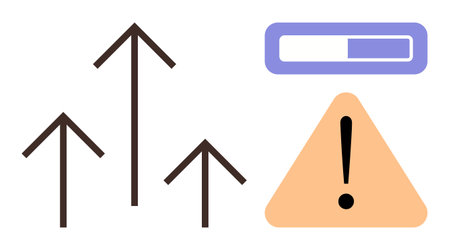 Rising arrows signifying growth, orange exclamation triangle indicating caution, loading bar...