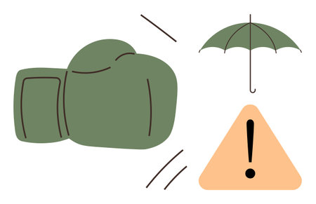 Boxing glove in motion alongside green umbrella and warning triangle with exclamation mark. Ideal for risk management, caution, conflict resolution, safety measures, insurance concept, protectionのイラスト素材