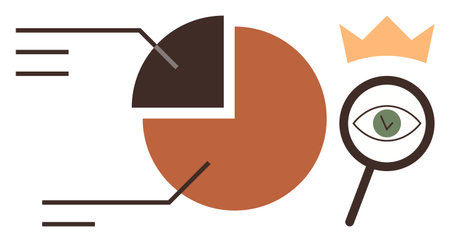 Pie chart with segments outlined, magnifying glass focusing on an eye symbol, orange crown...