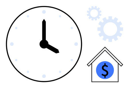 Clock with bold hands, gears representing work efficiency, house outline with dollar icon for finances. Ideal for productivity, planning, money management, real estate, time investment, efficiencyのイラスト素材