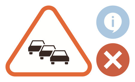 Red triangle warning showing car queue for traffic congestion, paired with information circle and prohibition mark. Ideal for traffic, road safety, warnings, decision-making, risk signals, cautionのイラスト素材