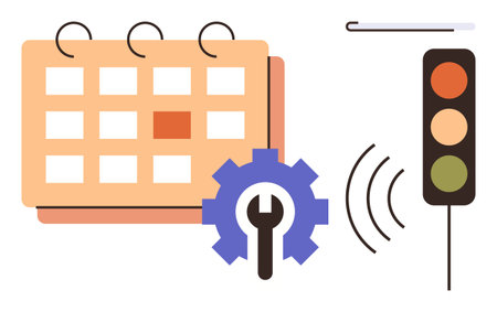 Calendar, wrench-filled gear, traffic light with signal waves signifying planning, workflow optimization, signal timing management, projects, deadlines, traffic control teamwork. Ideal for workflowのイラスト素材