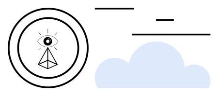Eye within pyramid encircled by rings paired with minimal cloud and lines. Ideal for vision,...