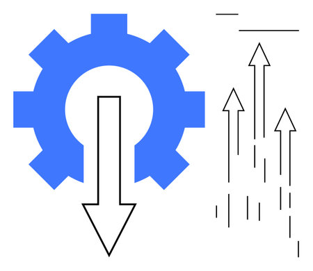 Blue gear with downward arrow linked to rising black arrows. Ideal for productivity, growth, efficiency, innovation, improvement, data flow, adaptability. Simple flat metaphorのイラスト素材