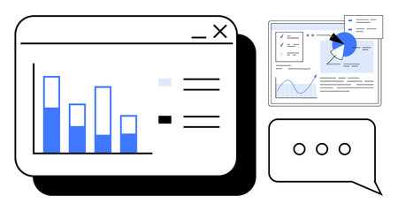 Bar graph, pie chart, messaging bubble emphasize analytics, teamwork, report, progress tracking....