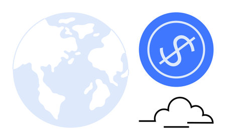 Earth globe, dollar sign in blue circle, and cloud symbolizing economy, growth, sustainability, innovation, finance global trade and technology. Ideal for business presentations. Simple flatのイラスト素材