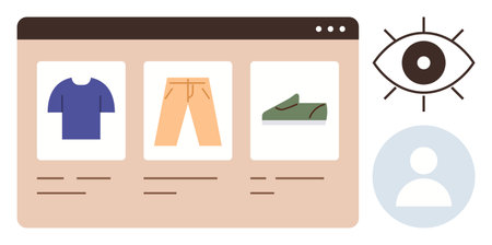 Online store webpage displaying t-shirt, pants, and shoes with user icon and eye symbol representing activity, personalization, or analytics. Ideal for e-commerce, fashion, marketing, analyticsのイラスト素材