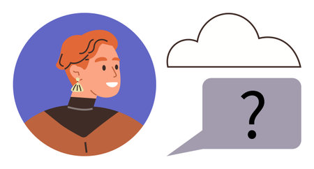 Woman with short hair beside thought cloud and speech bubble with question mark. Ideal for creativity, problem-solving, questions, communication, brainstorming, curiosity, simple flat metaphorのイラスト素材