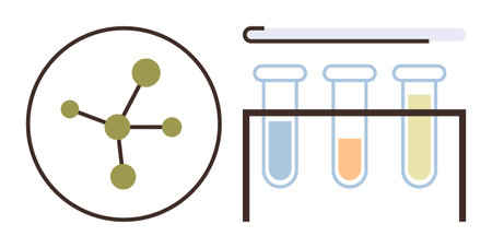 Chemical molecule diagram next to test tubes in varying liquid colors with stirring rod. Ideal for science, chemistry, education, technology, experimentation, laboratory research, and innovation. Aのイラスト素材