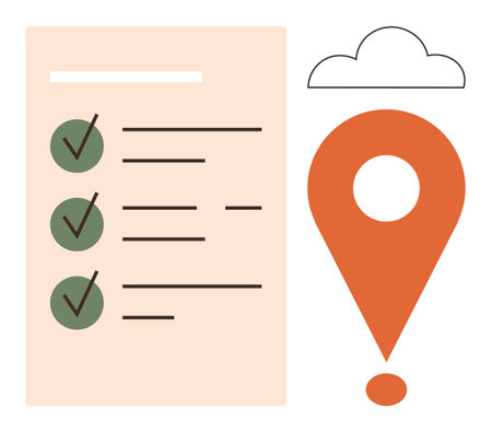 Checklist of tasks with green checkmarks, orange location pin, minimalist cloud outline. Ideal for productivity, task management, planning, organization, workflow, goals simplicity metaphorのイラスト素材