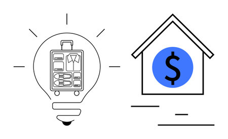 Lightbulb with luggage symbolizing travel ideas, house with dollar sign for financial planning. Ideal for travel, budgeting, finance, innovation, accommodation, savings, simple landing pageのイラスト素材