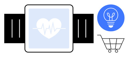 Smartwatch with a heart rate monitor, light bulb symbol signifying innovation, and a shopping cart icon. Ideal for fitness, health tech, e-commerce, creativity, innovation, wearables simple landingのイラスト素材