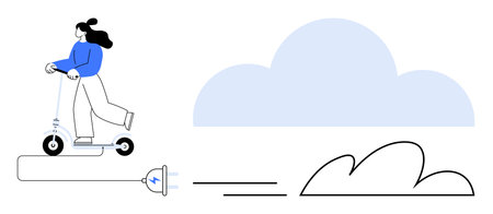 Person riding an electric scooter near a charging plug with a blue cloud backdrop. Ideal for eco-friendliness, green energy, sustainability, commuting, mobility, technology, simple flat metaphorのイラスト素材