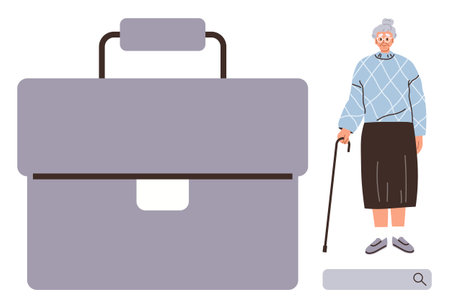 Elderly woman standing with cane, next to a large briefcase and search bar. Ideal for retirement planning, aging workforce, career transition, senior employment, financial security, elder careのイラスト素材