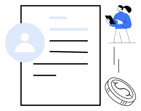 Profile page layout with user icon, information lines, currency coin, professional reviewing with a tablet. Ideal for CVs, finance, HR, online profiles, digital hiring business simple landing pageのイラスト素材