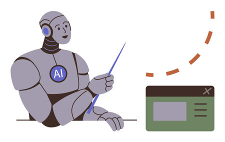 AI robot using a pointer to explain a virtual interface. Ideal for AI, education, learning, automation, technology, creativity, innovation, simple flat metaphorのイラスト素材