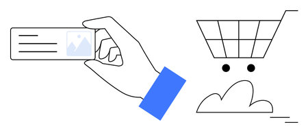 Hand holding a card with image placeholder beside minimal shopping cart and cloud. Ideal for...