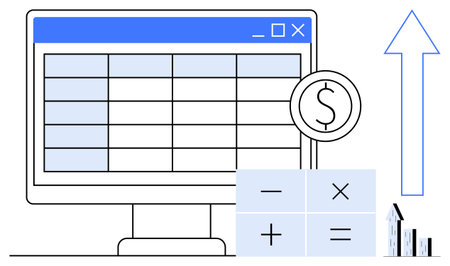 Computer screen with a spreadsheet, calculator symbols, dollar sign, and upward arrow representing financial data, accounting, profits, analysis, budgeting, investments and a simple landing pageのイラスト素材