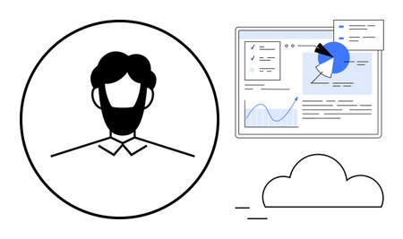 Male avatar in circle next to data dashboard with charts, pie graph, document highlights, and cloud connection. Ideal for technology, analytics, teamwork, profile, cloud business simple landingのイラスト素材