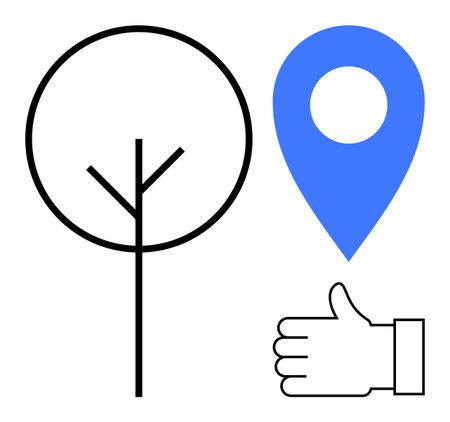 Simplistic tree outline, blue location pin sign, and thumbs-up gesture in minimal design. Ideal for nature, navigation, eco-projects, approval, simplicity, environmental awareness simple landingのイラスト素材