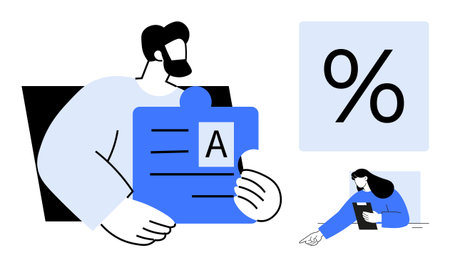 Person holding a document with text and letter A, percentage sign nearby, small figure analyzing data. Ideal for education, analysis, research, statistics, study, evaluation simple landing pageのイラスト素材
