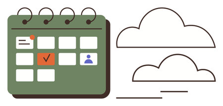 Green calendar with symbols for tasks, events, and a profile beside outlined cloud shapes. Ideal for scheduling, data storage, time management, organization, planning, productivity simple flatのイラスト素材