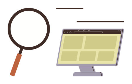 Magnifying glass near computer monitor displaying website layout. Ideal for research, data analysis, online search, investigation, discovery, knowledge acquisition, digital research. Simple flatのイラスト素材