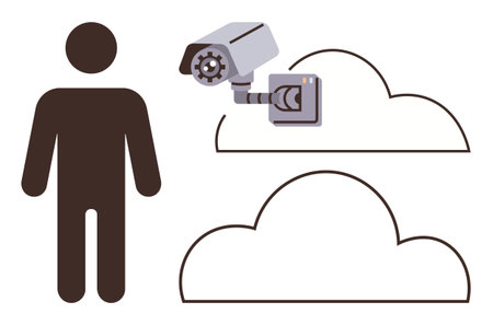 Abstract representation of human figure with surveillance camera near cloud outlines. Ideal for privacy, surveillance, cloud storage, data security, monitoring, digital safety, and online awarenessのイラスト素材