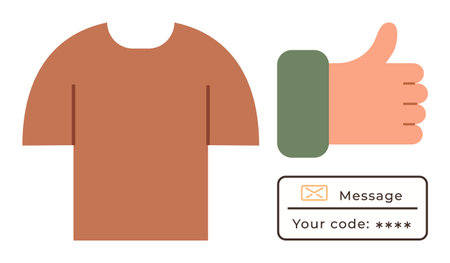 Brown t-shirt alongside thumb-up hand gesture and validation message box with code. Ideal for fashion, branding, approval, email verification, e-commerce, security, modern design. Simple flatのイラスト素材
