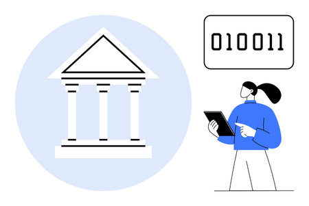 Bank building symbol, binary code, and person using a tablet for analysis. Ideal for finance, digitalization, technology, data science, innovation, fintech and simple landing pageのイラスト素材