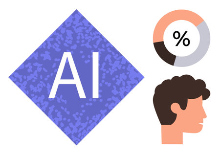 Purple AI badge alongside human head silhouette and pie chart indicating statistical data. Ideal for AI, technology, human-machine interaction, analytics, innovation, digital transformation, simpleのイラスト素材
