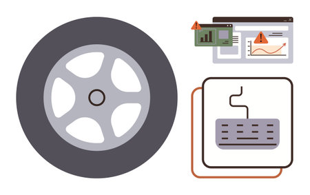 Wheel symbolizing mobility, keyboard for digital input, and alert windows with graphs and warnings. Ideal for technology, analytics, data errors, troubleshooting, process management, innovationのイラスト素材