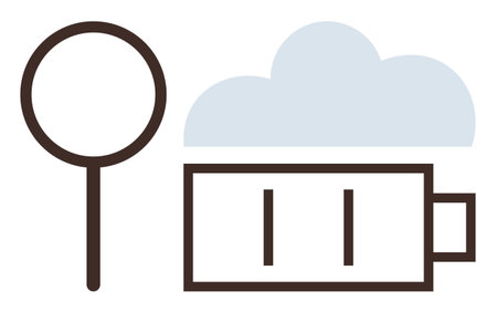 Magnifying glass, cloud, and battery indicating data search, cloud computing, energy storage, and sustainability. Ideal for technology, research, green energy innovation optimization connectivityのイラスト素材
