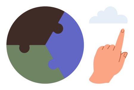 Hand reaching toward cloud next to Earth composed of puzzle pieces in green, blue, and brown sections. Ideal for sustainability, teamwork, environment, innovation, technology, connection educationのイラスト素材