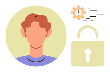 Portrait of a person with a gear and padlock symbol emphasizes data protection, time efficiency, digital identity. Ideal for data privacy, cybersecurity, technology, productivity, modern app, onlineのイラスト素材