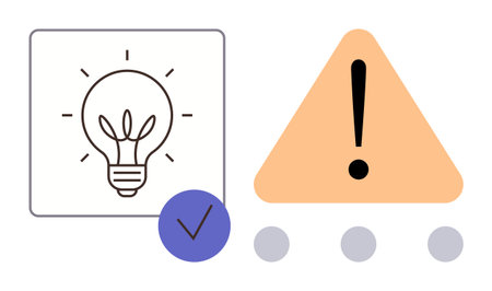 Lightbulb icon for creativity, orange triangle with exclamation for warning, blue checkmark for approval. Ideal for creativity, caution, validation, problem-solving, risk management, decision-makingのイラスト素材
