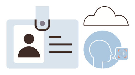 ID badge, face profile with audio analysis, and cloud icon represent concepts of digital identity,...