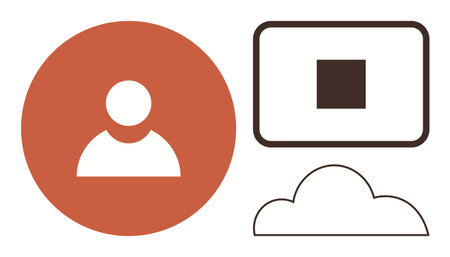 Abstract user figure in orange circle, digital screen with square design, and outlined cloud. Ideal...